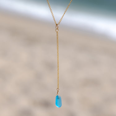Dainty Turquoise Blue Lariat Style Sea Glass Necklace